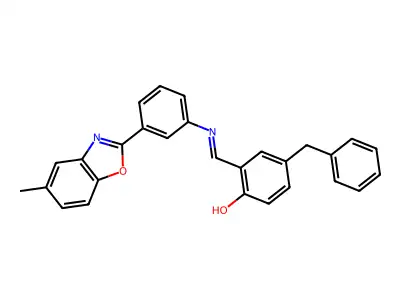 4-benzyl-2-[(E)-{[3-(5-methyl-1,3-benzoxazol-2-yl)phenyl]imino}methyl]phenol structure
