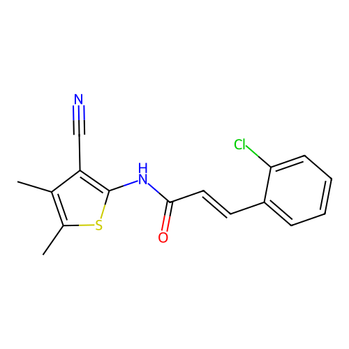 (E)-3-(2-chlorophenyl)-N-(3-cyano-4,5-dimethylthiophen-2-yl)acrylamide structure