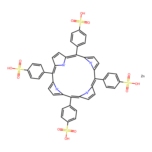 4-[(5Z,9Z,15Z,19Z)-10,15,20-tris(4-sulfophenyl)porphyrin-21,22,23,24-tetraid-5-yl]benzenesulfonic acid;zinc structure
