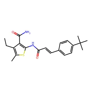 2-[[(E)-3-(4-tert-butylphenyl)prop-2-enoyl]amino]-4-ethyl-5-methylthiophene-3-carboxamide structure