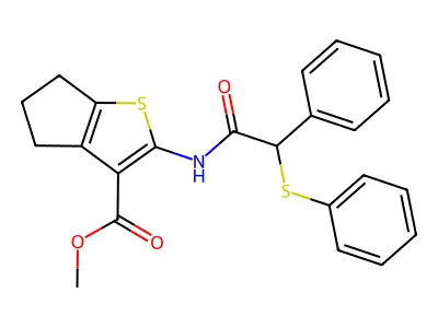 methyl 2-[(2-phenyl-2-phenylsulfanylacetyl)amino]-5,6-dihydro-4H-cyclopenta[b]thiophene-3-carboxylate structure