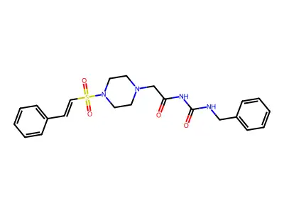 N-(benzylcarbamoyl)-2-[4-(2-phenylethenylsulfonyl)piperazin-1-yl]acetamide structure