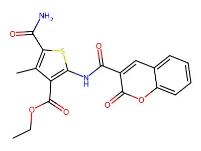 ethyl 5-carbamoyl-4-methyl-2-[(2-oxochromene-3-carbonyl)amino]thiophene-3-carboxylate structure