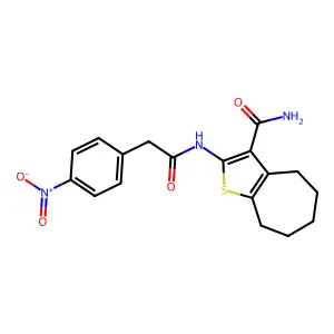 2-[[2-(4-nitrophenyl)acetyl]amino]-5,6,7,8-tetrahydro-4H-cyclohepta[b]thiophene-3-carboxamide structure