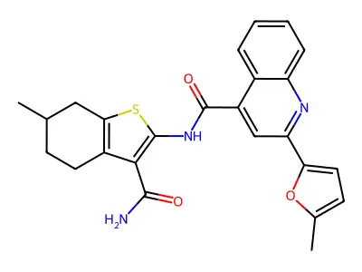 N-(3-carbamoyl-6-methyl-4,5,6,7-tetrahydro-1-benzothiophen-2-yl)-2-(5-methylfuran-2-yl)quinoline-4-carboxamide structure