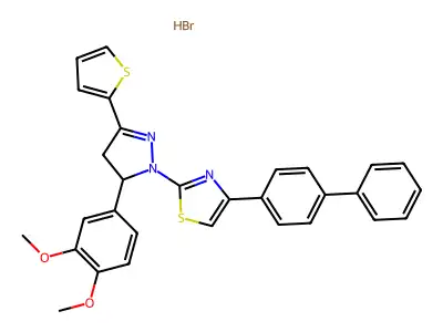 2-[3-(3,4-dimethoxyphenyl)-5-thiophen-2-yl-3,4-dihydropyrazol-2-yl]-4-(4-phenylphenyl)-1,3-thiazole;hydrobromide structure
