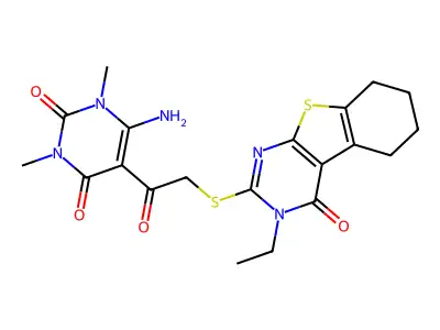 6-amino-5-[2-[(3-ethyl-4-oxo-5,6,7,8-tetrahydro-[1]benzothiolo[2,3-d]pyrimidin-2-yl)sulfanyl]acetyl]-1,3-dimethylpyrimidine-2,4-dione structure