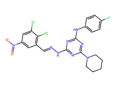 2-N-[(E)-(2,3-dichloro-5-nitrophenyl)methylideneamino]-4-N-(4-fluorophenyl)-6-piperidin-1-yl-1,3,5-triazine-2,4-diamine structure