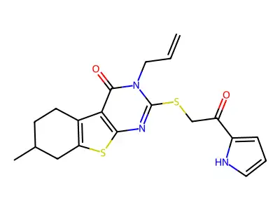 7-methyl-2-[2-oxo-2-(1H-pyrrol-2-yl)ethyl]sulfanyl-3-prop-2-enyl-5,6,7,8-tetrahydro-[1]benzothiolo[2,3-d]pyrimidin-4-one structure