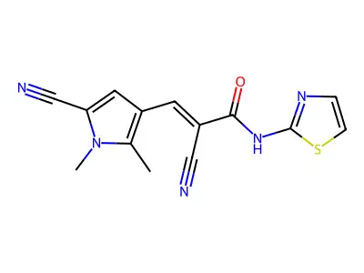 (E)-2-cyano-3-(5-cyano-1,2-dimethylpyrrol-3-yl)-N-(1,3-thiazol-2-yl)prop-2-enamide structure