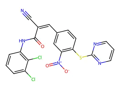 (Z)-2-Cyano-N-(2,3-dichlorophenyl)-3-(3-nitro-4-pyrimidin-2-ylsulfanylphenyl)prop-2-enamide structure