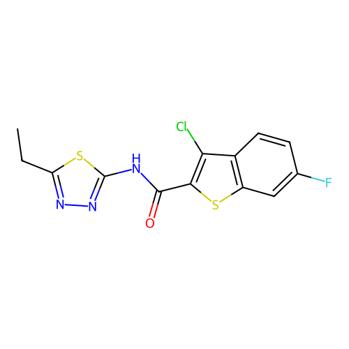 3-chloro-N-(5-ethyl-1,3,4-thiadiazol-2-yl)-6-fluoro-1-benzothiophene-2-carboxamide structure