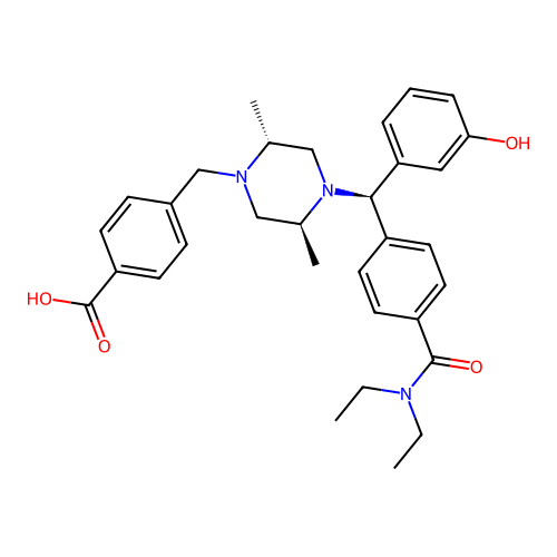 4-(((2R,5S)-4-((R)-(4-Diethylcarbamoylphenyl)(3-hydroxyphenyl)methyl)-2,5-dimethylpiperazin-1-yl)methyl)benzoic acid structure