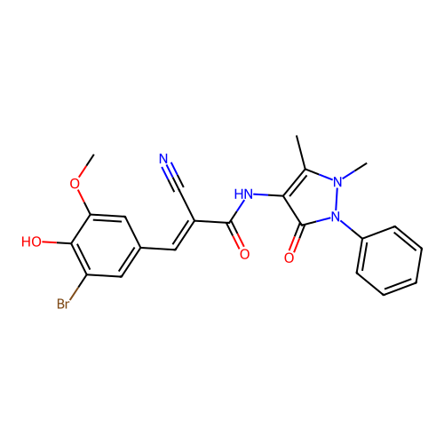 (E)-3-(3-bromo-4-hydroxy-5-methoxyphenyl)-2-cyano-N-(1,5-dimethyl-3-oxo-2-phenylpyrazol-4-yl)prop-2-enamide structure