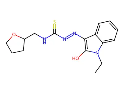 1-[(Z)-(1-ethyl-2-keto-indolin-3-ylidene)amino]-3-(tetrahydrofurfuryl)thiourea structure