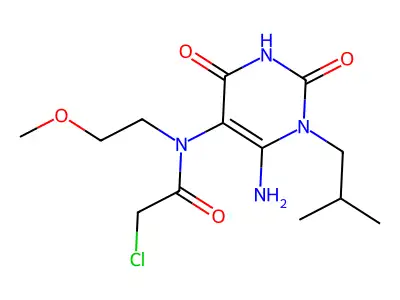 N-[6-amino-1-(2-methylpropyl)-2,4-dioxo-1,2,3,4-tetrahydropyrimidin-5-yl]-2-chloro-N-(2-methoxyethyl)acetamide structure