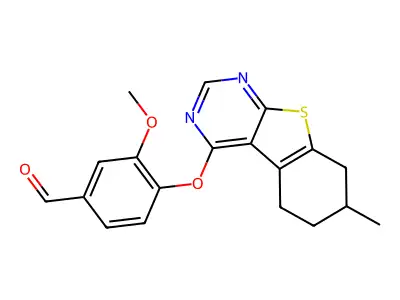 3-methoxy-4-[(7-methyl-5,6,7,8-tetrahydro-[1]benzothiolo[2,3-d]pyrimidin-4-yl)oxy]benzaldehyde structure
