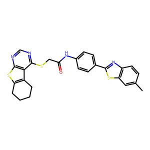 N-[4-(6-methyl-1,3-benzothiazol-2-yl)phenyl]-2-(5,6,7,8-tetrahydro[1]benzothieno[2,3-d]pyrimidin-4-ylsulfanyl)acetamide structure