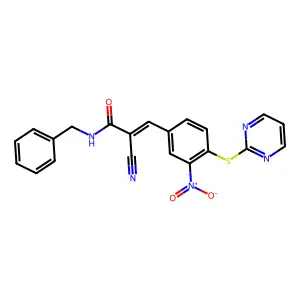 (2E)-N-benzyl-2-cyano-3-[3-nitro-4-(pyrimidin-2-ylsulfanyl)phenyl]prop-2-enamide structure