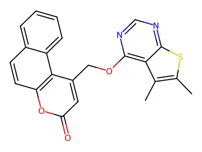 1-[(5,6-Dimethylthieno[2,3-d]pyrimidin-4-yl)oxymethyl]benzo[f]chromen-3-one structure