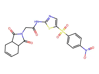 2-(1,3-dioxo-3a,4,7,7a-tetrahydroisoindol-2-yl)-N-[5-(4-nitrophenyl)sulfonyl-1,3-thiazol-2-yl]acetamide structure