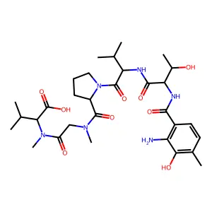 2-[[2-[[1-[2-[[2-[(2-amino-3-hydroxy-4-methylbenzoyl)amino]-3-hydroxybutanoyl]amino]-3-methylbutanoyl]pyrrolidine-2-carbonyl]-methylamino]acetyl]-methylamino]-3-methylbutanoic acid structure