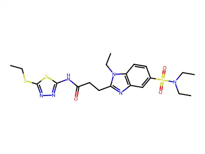 3-[5-(diethylsulfamoyl)-1-ethylbenzimidazol-2-yl]-N-(5-ethylsulfanyl-1,3,4-thiadiazol-2-yl)propanamide structure
