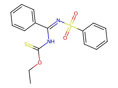 O-ethyl N-[N-(benzenesulfonyl)-C-phenylcarbonimidoyl]carbamothioate structure