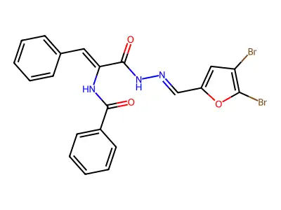 N-[(Z)-3-[(2E)-2-[(4,5-dibromofuran-2-yl)methylidene]hydrazinyl]-3-oxo-1-phenylprop-1-en-2-yl]benzamide structure
