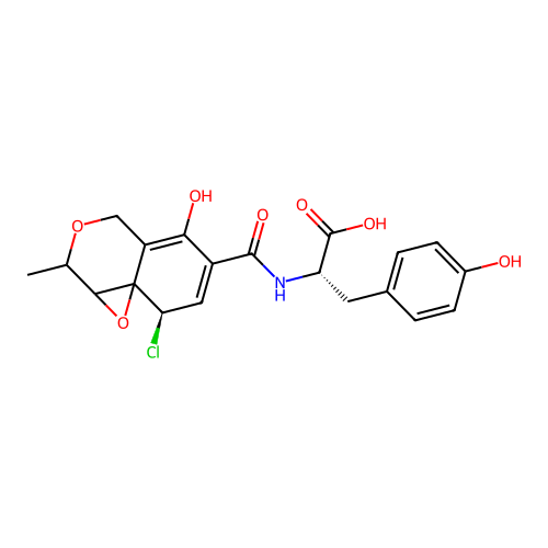(2S)-2-[[(8R)-8-chloro-5-hydroxy-2-methyl-1a,2,4,8-tetrahydrooxireno[2,3-d]isochromene-6-carbonyl]amino]-3-(4-hydroxyphenyl)propanoic acid structure