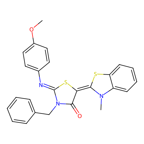 (2E,5E)-3-benzyl-2-(4-methoxyphenylimino)-5-(3-methylbenzo[d]thiazol-2(3H)-ylidene)thiazolidin-4-one structure