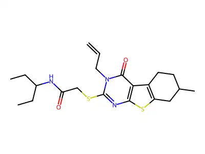 2-[(7-methyl-4-oxo-3-prop-2-enyl-5,6,7,8-tetrahydro-[1]benzothiolo[2,3-d]pyrimidin-2-yl)sulfanyl]-N-pentan-3-ylacetamide structure