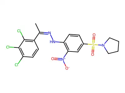 2-nitro-4-pyrrolidin-1-ylsulfonyl-N-[1-(2,3,4-trichlorophenyl)ethylideneamino]aniline structure