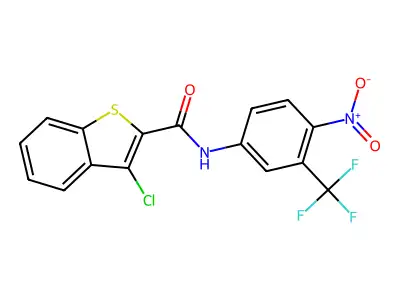 3-chloro-N-[4-nitro-3-(trifluoromethyl)phenyl]-1-benzothiophene-2-carboxamide structure