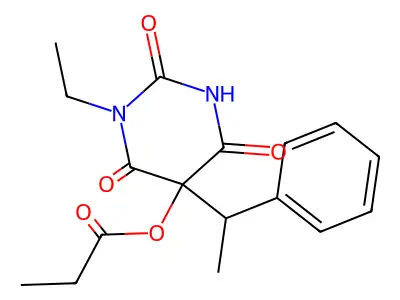 2,4,6(1H,3H,5H)-Pyrimidinetrione, 1-ethyl-5-(1-oxopropoxy)-5-(1-phenylethyl)- structure