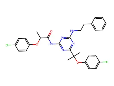 Propanamide, 2-(4-chlorophenoxy)-N-(4-(1-(4-chlorophenoxy)-1-methylethyl)-6-((2-phenylethyl)amino)-1,3,5-triazin-2-yl)- structure