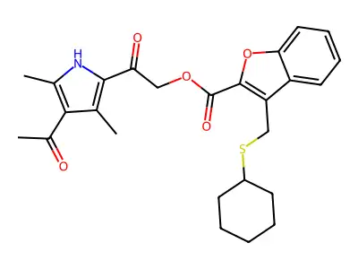[2-(4-acetyl-3,5-dimethyl-1H-pyrrol-2-yl)-2-oxoethyl] 3-(cyclohexylsulfanylmethyl)-1-benzofuran-2-carboxylate structure