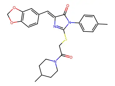 5-(1,3-benzodioxol-5-ylmethylidene)-3-(4-methylphenyl)-2-[2-(4-methylpiperidin-1-yl)-2-oxoethyl]sulfanylimidazol-4-one structure