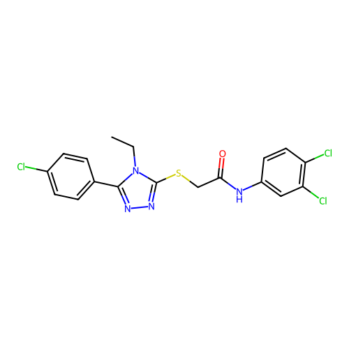 2-[[5-(4-chlorophenyl)-4-ethyl-1,2,4-triazol-3-yl]sulfanyl]-N-(3,4-dichlorophenyl)acetamide structure