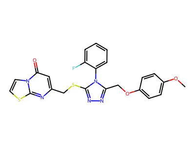 7-[[4-(2-fluorophenyl)-5-[(4-methoxyphenoxy)methyl]-1,2,4-triazol-3-yl]sulfanylmethyl]-[1,3]thiazolo[3,2-a]pyrimidin-5-one structure