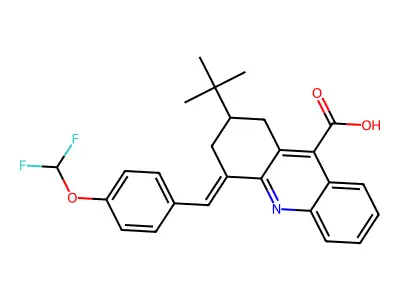 2-tert-butyl-4-[[4-(difluoromethoxy)phenyl]methylidene]-2,3-dihydro-1H-acridine-9-carboxylic acid structure
