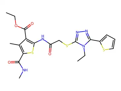 ethyl 2-[[2-[(4-ethyl-5-thiophen-2-yl-1,2,4-triazol-3-yl)sulfanyl]acetyl]amino]-4-methyl-5-(methylcarbamoyl)thiophene-3-carboxylate structure