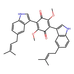 2,5-Dimethoxy-3,6-bis(5-(3-methylbut-2-en-1-yl)-1H-indol-3-yl)benzo-1,4-quinone structure