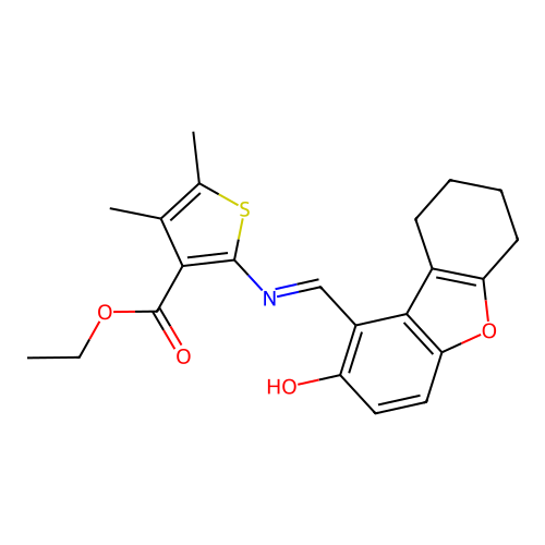 ethyl 4,5-dimethyl-2-[[(E)-(2-oxo-6,7,8,9-tetrahydrodibenzofuran-1-ylidene)methyl]amino]thiophene-3-carboxylate structure