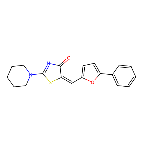 (5E)-5-[(5-phenylfuran-2-yl)methylidene]-2-(piperidin-1-yl)-1,3-thiazol-4(5H)-one structure