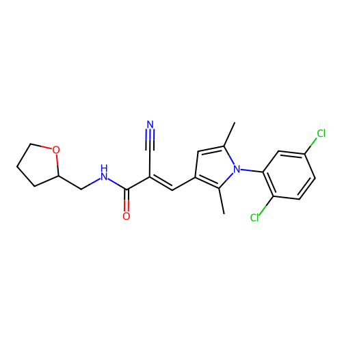 (E)-2-cyano-3-[1-(2,5-dichlorophenyl)-2,5-dimethylpyrrol-3-yl]-N-(oxolan-2-ylmethyl)prop-2-enamide structure