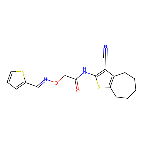 (E)-N-(3-cyano-5,6,7,8-tetrahydro-4H-cyclohepta[b]thiophen-2-yl)-2-(((thiophen-2-ylmethylene)amino)oxy)acetamide structure