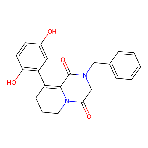 2-benzyl-9-(2,5-dihydroxyphenyl)-3,6,7,8-tetrahydropyrido[1,2-a]pyrazine-1,4-dione structure