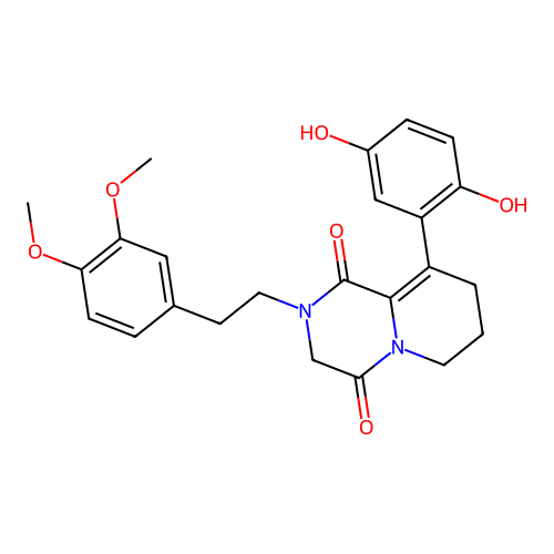9-(2,5-dihydroxyphenyl)-2-(3,4-dimethoxyphenethyl)-2,3,7,8-tetrahydro-1H-pyrido[1,2-a]pyrazine-1,4(6H)-dione structure