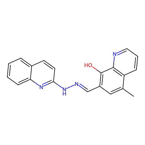 7-Quinolinecarboxaldehyde,8-hydroxy-5-methyl-, 2-(2-quinolinyl)hydrazone structure